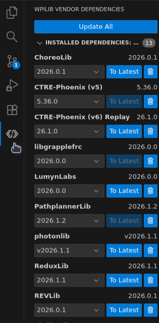 Screenshot of WPILib’s vendor dependency menu